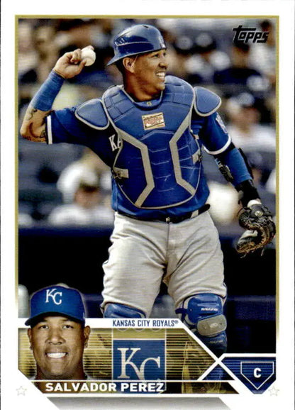 Baseball card of Salvador Perez, Kansas City Royals catcher in blue gear