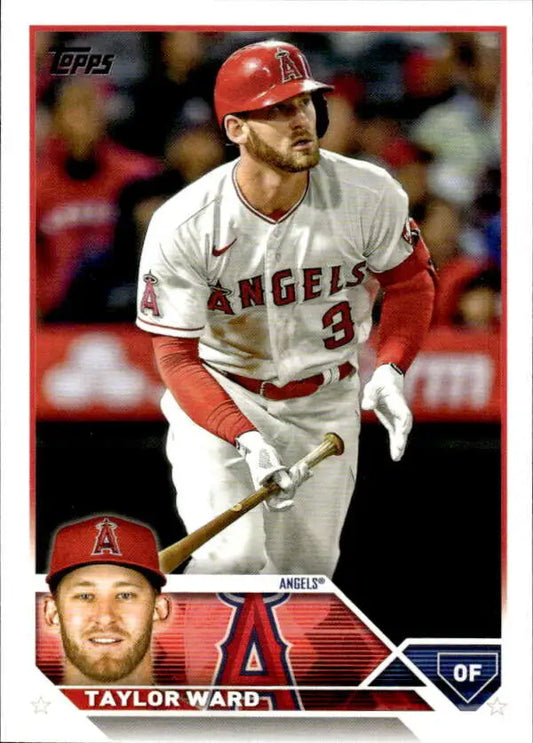 Baseball card of Taylor Ward, Los Angeles Angels outfielder in white and red uniform