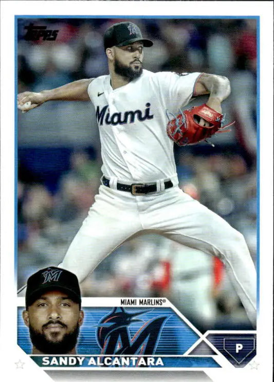 Baseball card of Sandy Alcantara pitching for the Miami Marlins in white uniform