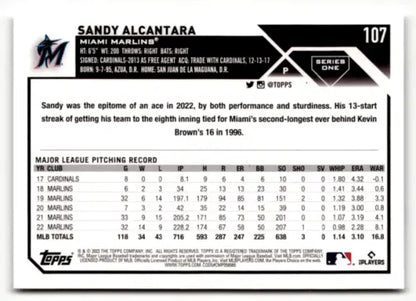 2023 Topps #107 Sandy Alcantara baseball card with original gloss in NM condition