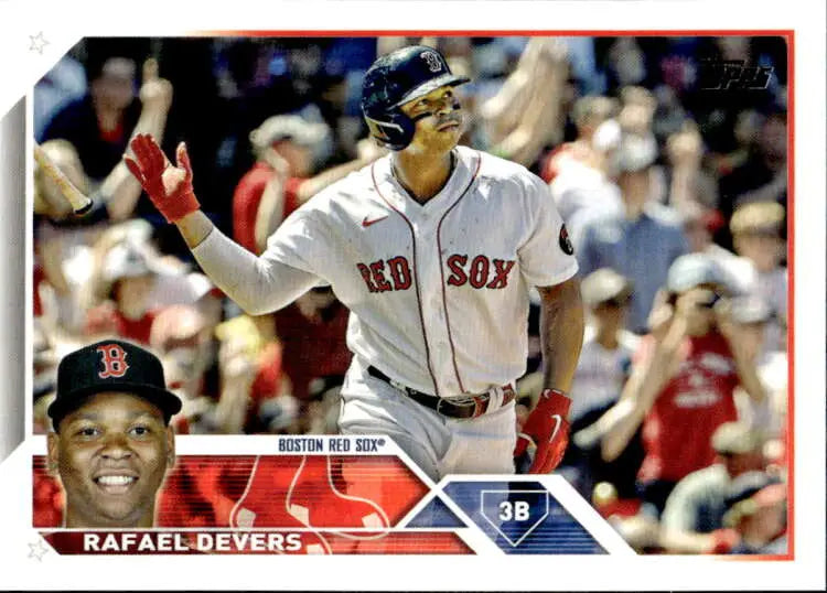 Baseball card of Rafael Devers in Red Sox white home uniform from 2023 Topps