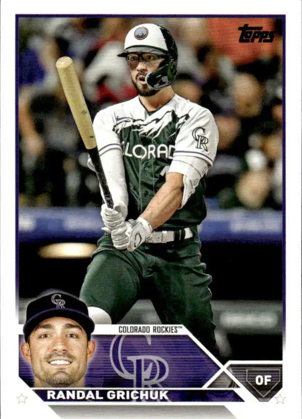 Randal Grichuk at bat in green uniform on Colorado Rockies baseball card