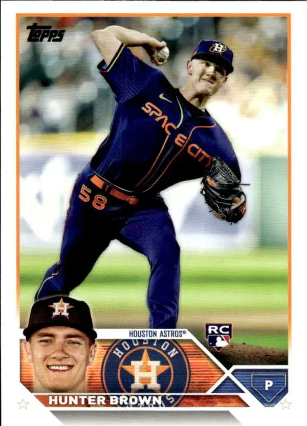 Hunter Brown baseball card featuring Houston Astros pitcher in navy blue uniform