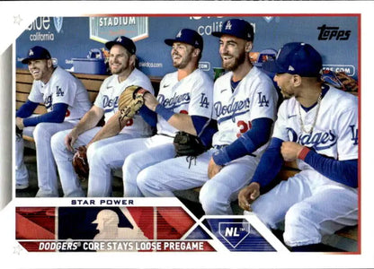 Baseball players in Dodgers uniforms in the dugout depicting Mookie Betts