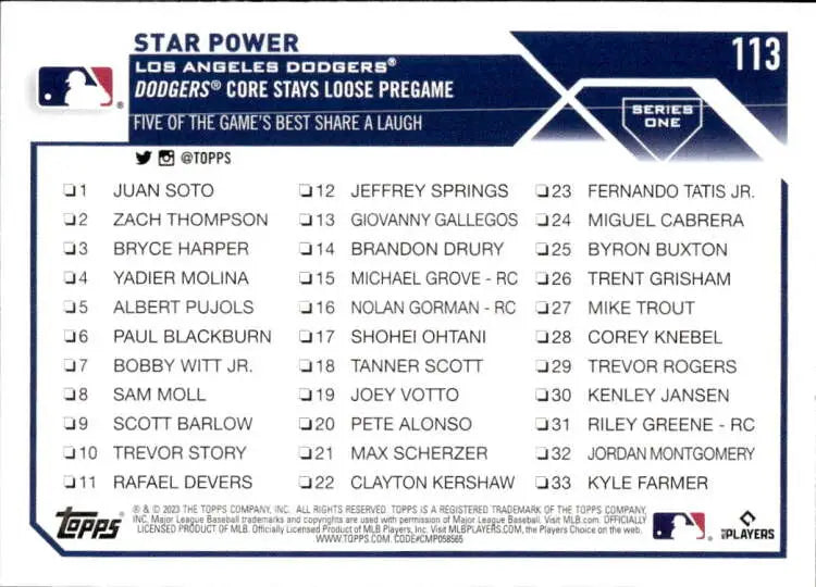 Baseball card checklist featuring Mookie Betts and Los Angeles Dodgers players