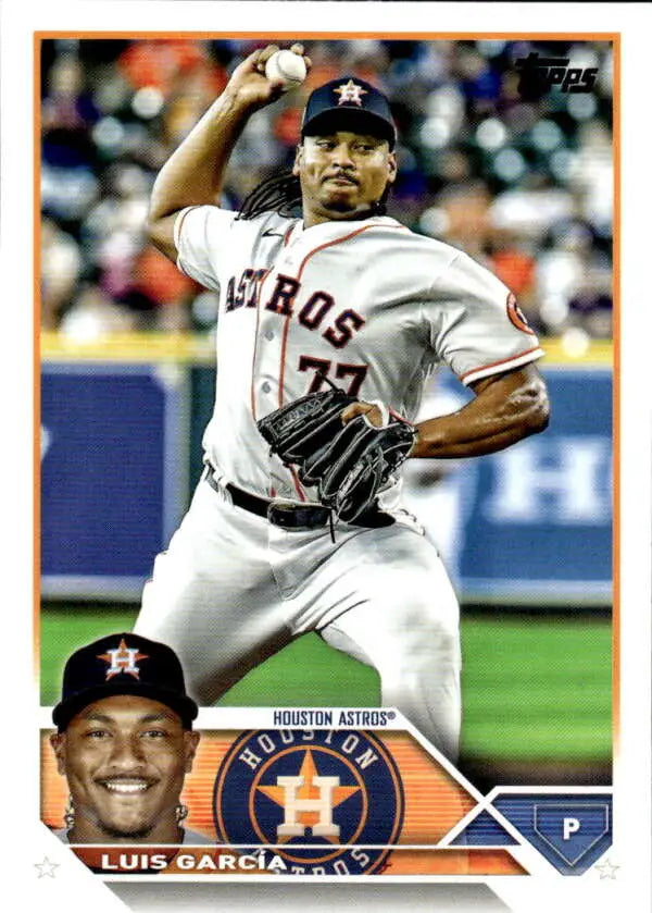 Luis Garcia mid-throw in white uniform on 2023 Topps Houston Astros baseball card