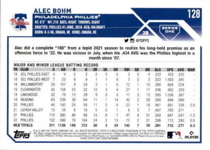 Baseball card back of 2023 Topps #128 Alec Bohm NM-MT with original gloss