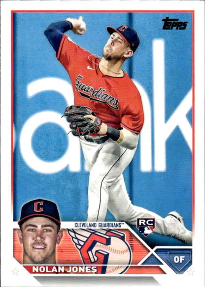 Cleveland Guardians baseball card of Nolan Jones in red jersey throwing motion