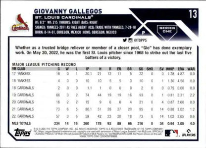 Giovanny Gallegos baseball card from 2023 Topps NM-MT with original gloss finish