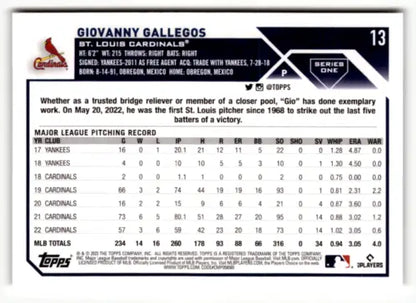 2023 Topps #13 Giovanny Gallegos MLB card featuring original gloss and career stats