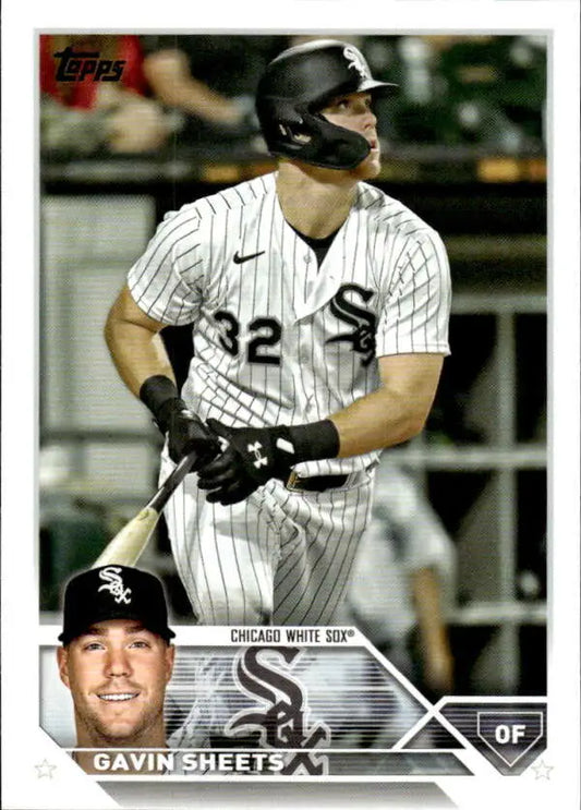 Chicago White Sox player Gavin Sheets at bat in pinstriped uniform baseball card