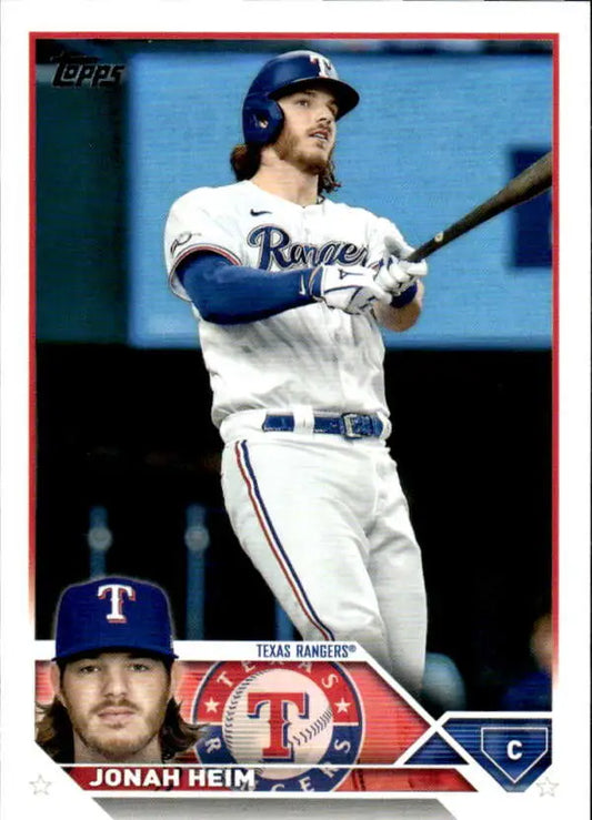 Baseball card of Jonah Heim in a white Texas Rangers uniform at bat