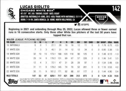 Back of 2023 Topps #142 Lucas Giolito NM-MT card featuring original gloss and stats