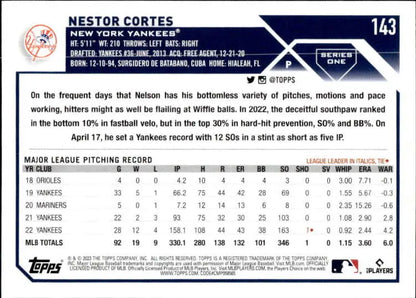 Baseball card of Nestor Cortes showcasing his MLB stats with New York Yankees details