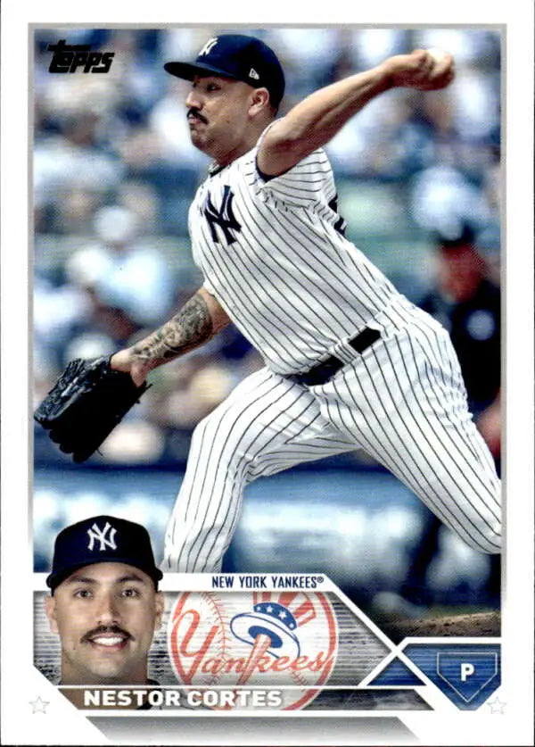 Baseball card of Nestor Cortes pitching for the New York Yankees in pinstripes