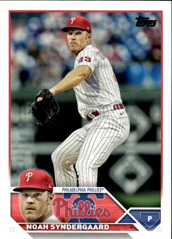 Baseball card of Noah Syndergaard throwing for the Philadelphia Phillies in pinstripes