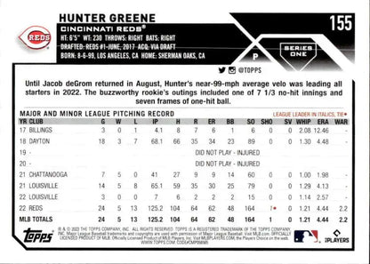 Baseball card of Hunter Greene with pitching stats for Cincinnati Reds 2023 Topps #155