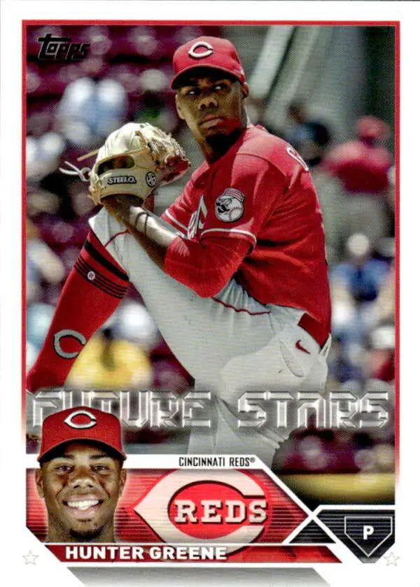 Hunter Greene in red uniform on 2023 Topps baseball card for Cincinnati Reds