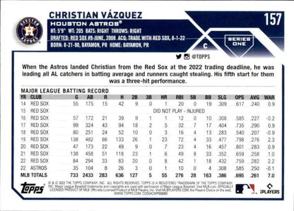 Baseball card featuring Christian Vazquez’s MLB stats with Houston Astros highlights