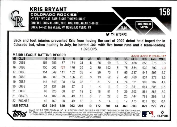 Kris Bryant Colorado Rockies baseball card with MLB statistics and career highlights