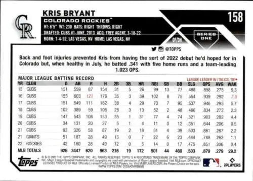 Kris Bryant baseball card 2023 Topps #158 NM-MT with original gloss Rockies design