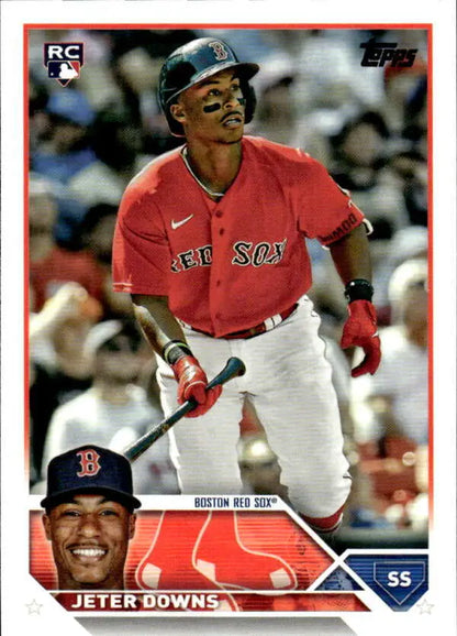 Jeter Downs Rookie Card, 2023 Topps #165, Boston Red Sox player in action at bat