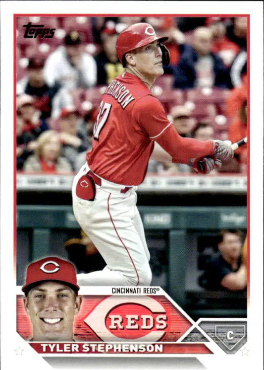 2023 Topps baseball card of Tyler Stephenson in Cincinnati Reds red uniform