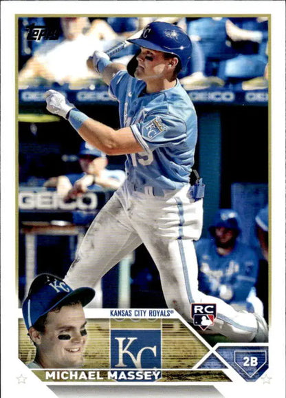 Michael Massey at bat in powder blue uniform on Kansas City Royals baseball card