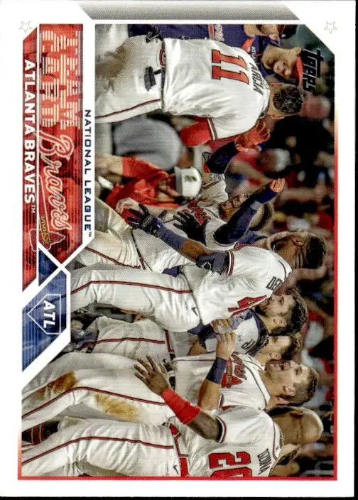 Baseball trading card of Atlanta Braves players celebrating a game victory