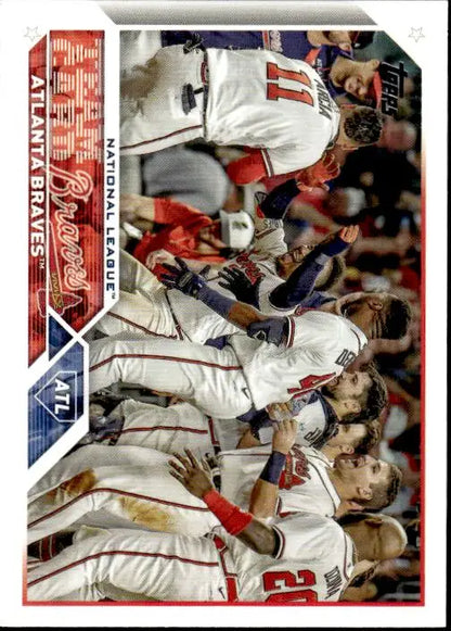 Baseball trading card of Atlanta Braves players celebrating a game victory