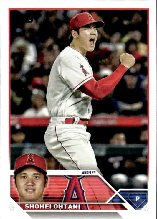 Baseball trading card of Shohei Ohtani celebrating for Los Angeles Angels