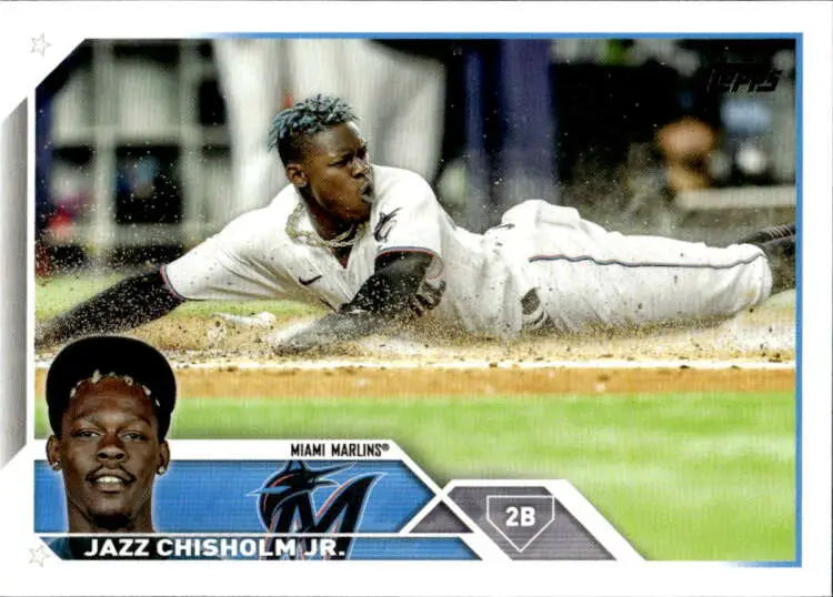 Jazz Chisholm sliding into base in Miami Marlins uniform on 2023 baseball card