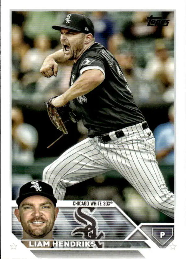 Baseball card of Chicago White Sox pitcher Liam Hendriks in pinstriped uniform