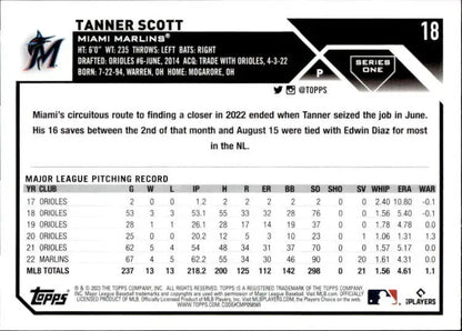 2023 Topps #18 Tanner Scott Miami Marlins Baseball Card with player statistics and info