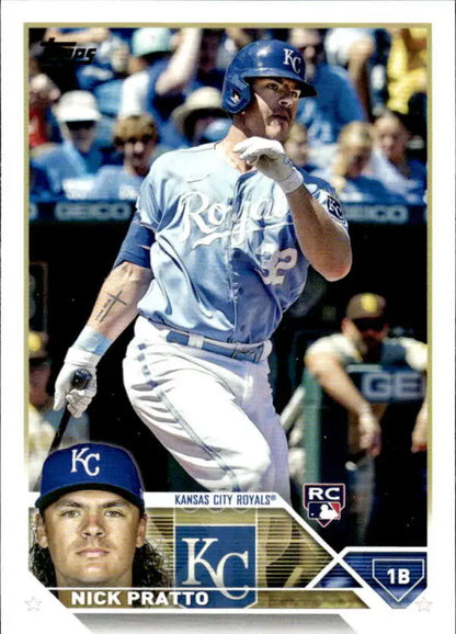 Baseball card of Nick Pratto in a white uniform for Kansas City Royals at bat