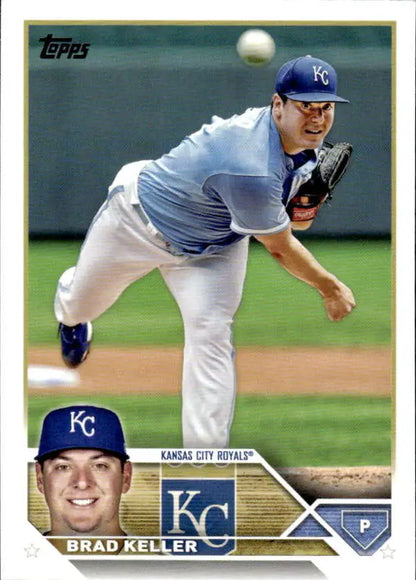 Topps Baseball Card of Kansas City Royals Pitcher Brad Keller in Mid-Delivery