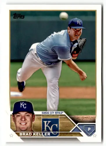 Baseball card of Brad Keller in mid-throwing motion for Kansas City Royals