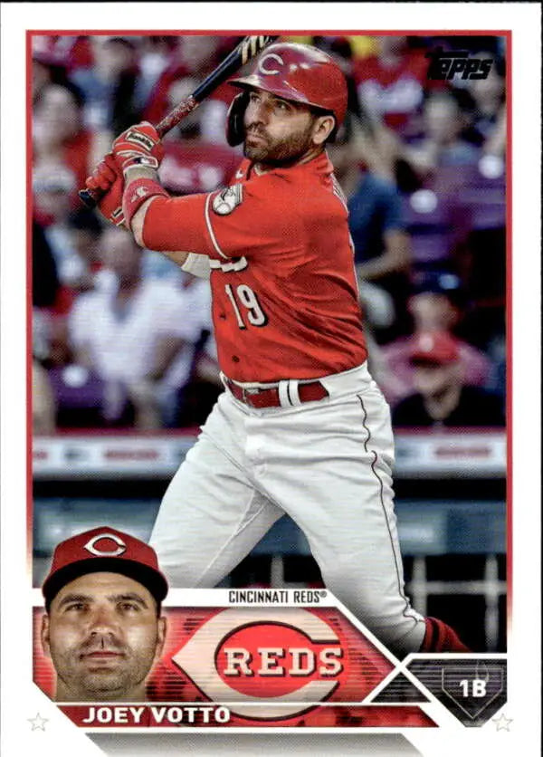 Cincinnati Reds Baseball Card of Joey Votto in batting stance with red and white uniform