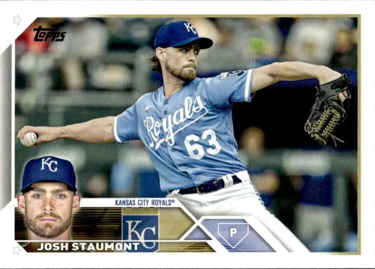 Baseball card of Josh Staumont pitching for the Kansas City Royals, wearing number 63