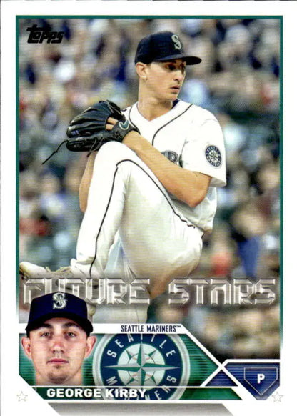 Baseball card of George Kirby in Seattle Mariners white home uniform