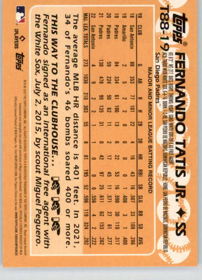 Baseball card of Fernando Tatis Jr. with player stats on orange background for San Diego Padres