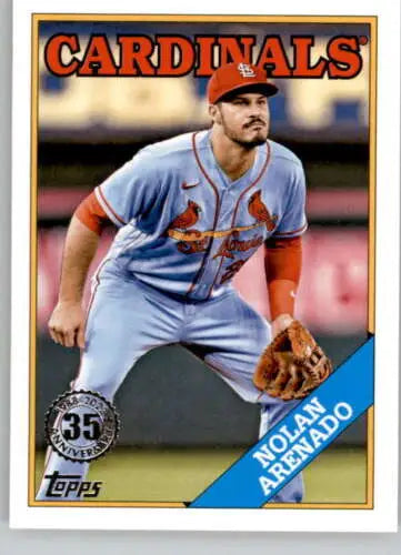 Baseball card of Nolan Arenado in light blue uniform for 2023 Topps 1988 series