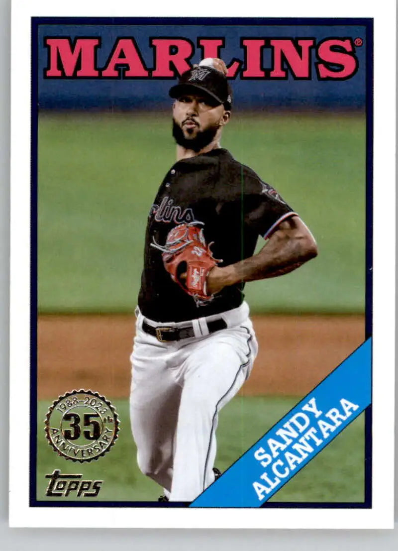 Baseball card of Sandy Alcantara, Miami Marlins pitcher, delivering in black jersey