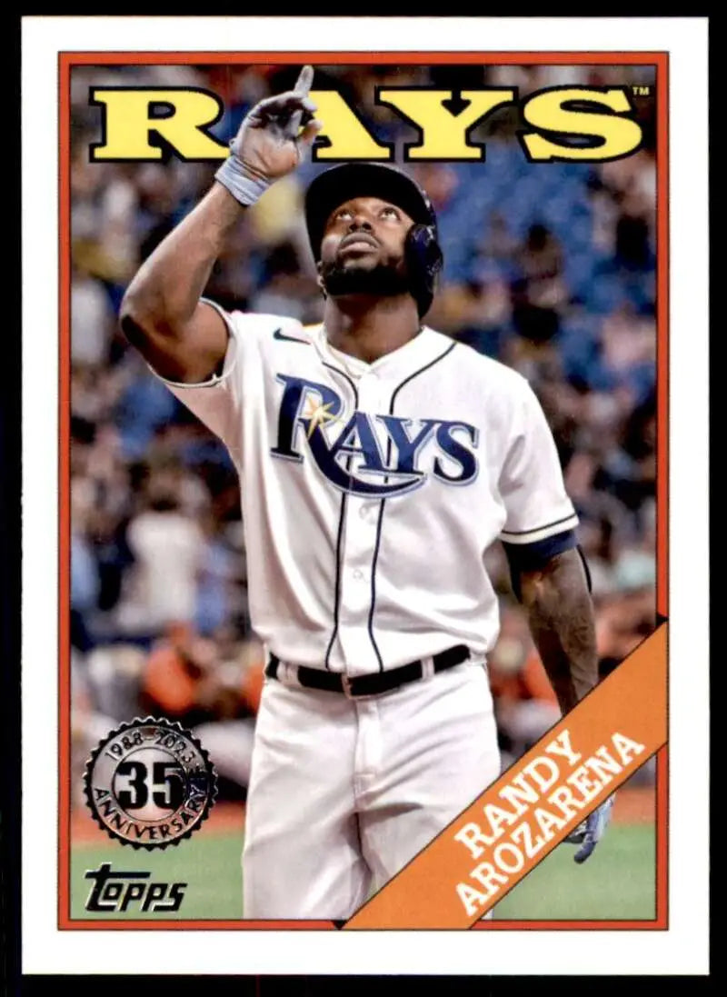 Baseball card of Randy Arozarena pointing up in white Tampa Bay Rays uniform