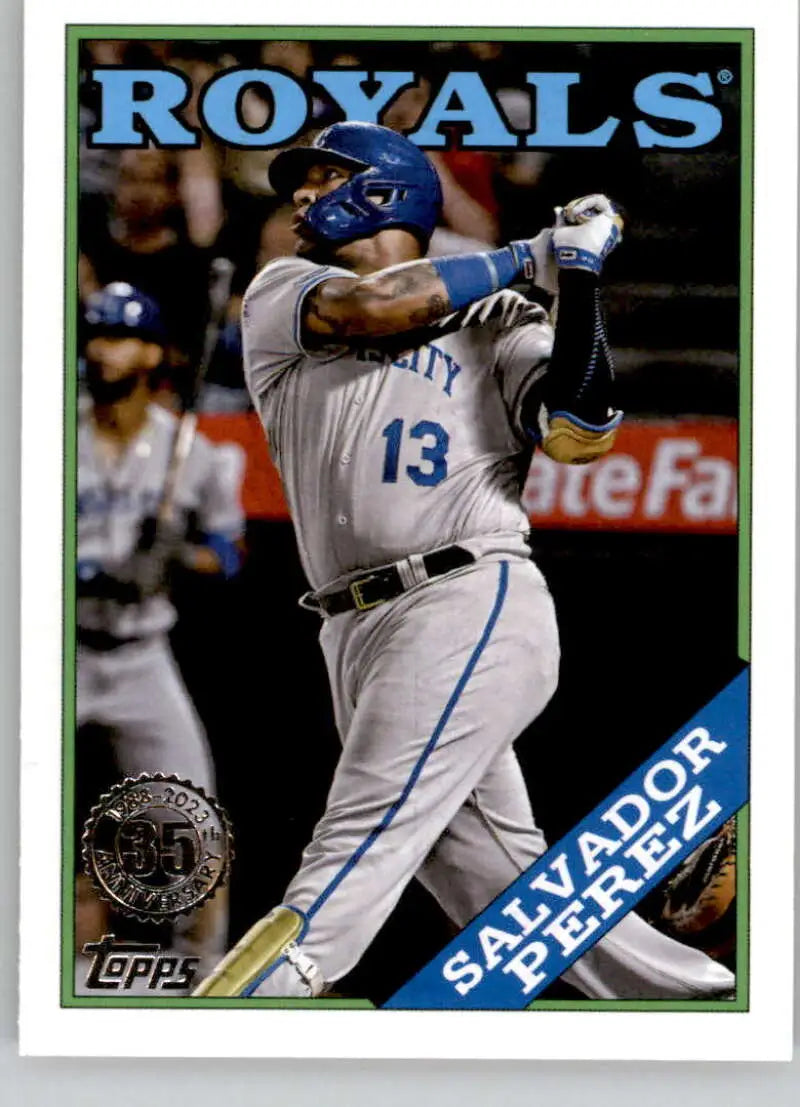 Salvador Perez swinging bat on 2023 Topps Kansas City Royals baseball card