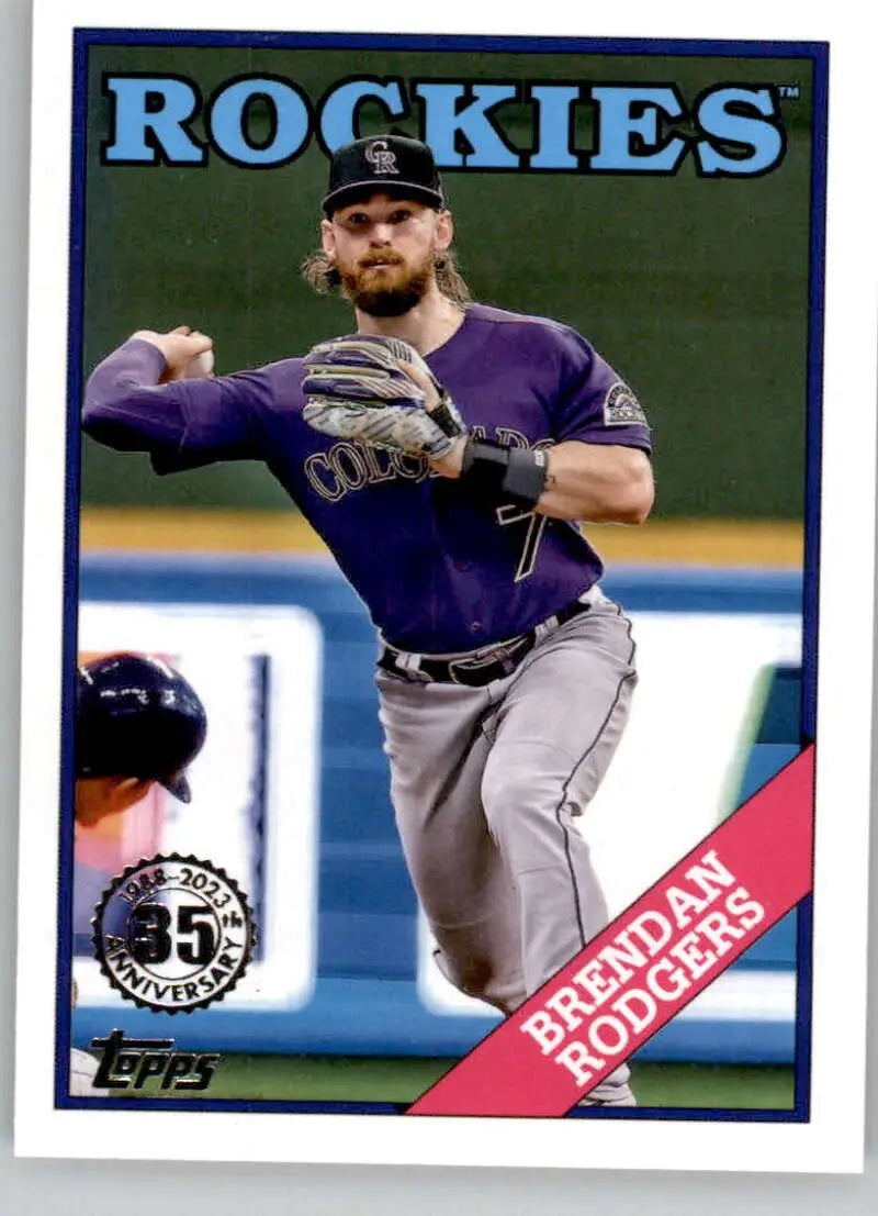 Brendan Rodgers making a throw in a Colorado Rockies baseball card in purple uniform