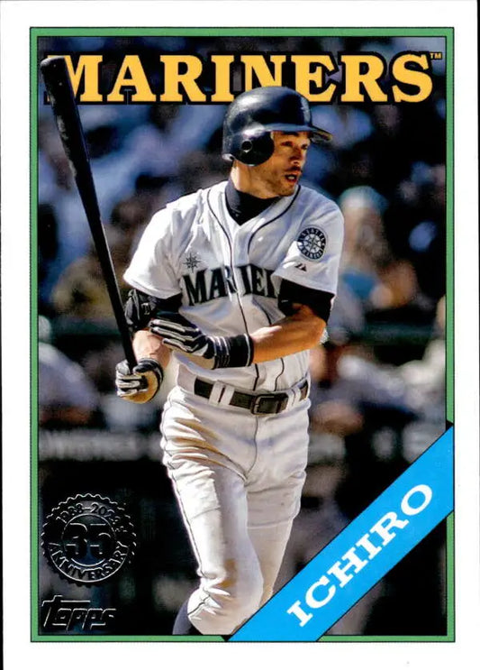 Seattle Mariners baseball card of Ichiro in white uniform at bat from 2023 Topps series