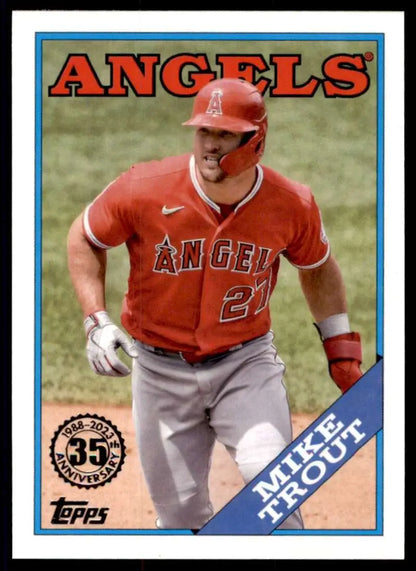 Baseball card of Mike Trout in red jersey, Los Angeles Angels player number 27