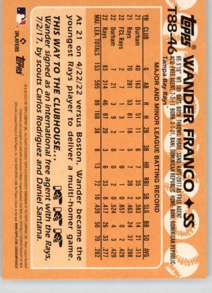 Wander Franco Tampa Bay Rays baseball card with player stats on orange background