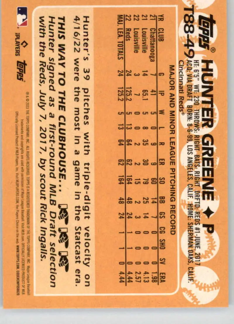 Baseball card featuring Hunter Greene of the Cincinnati Reds with orange design and stats